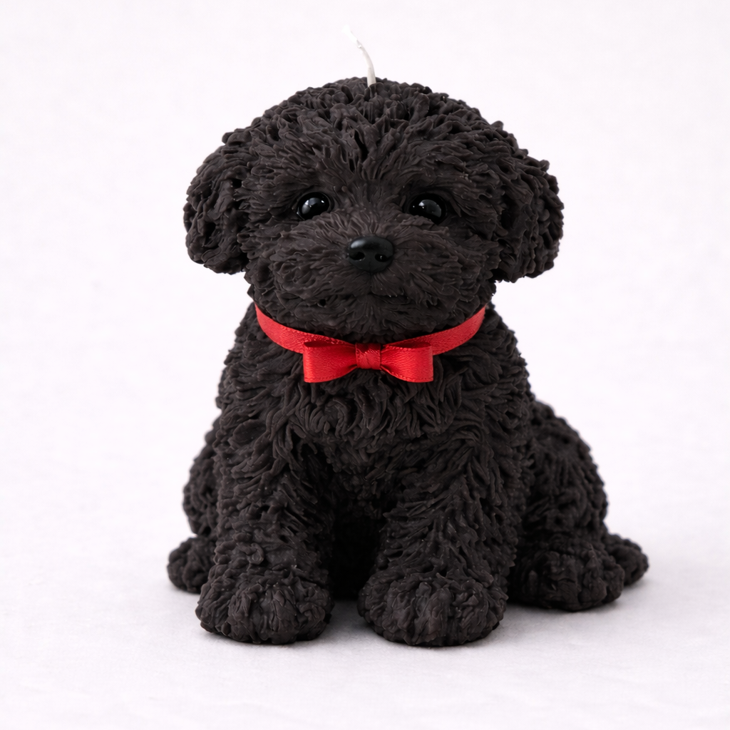Black puppy shaped candle with small red bow on light background, decorative sculpted dog candle gift.