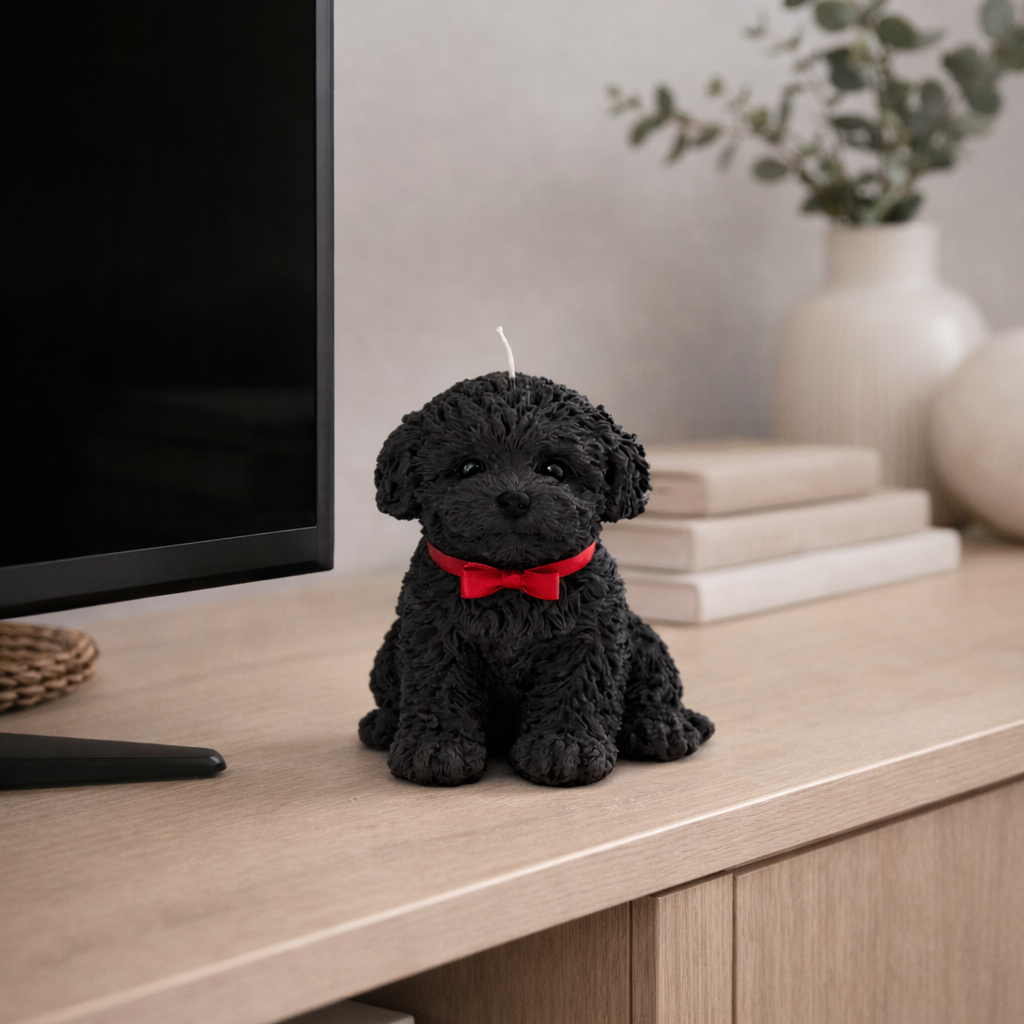 Black puppy shaped candle with red bow styled on modern TV cabinet in living room, aesthetic dog decor accent.