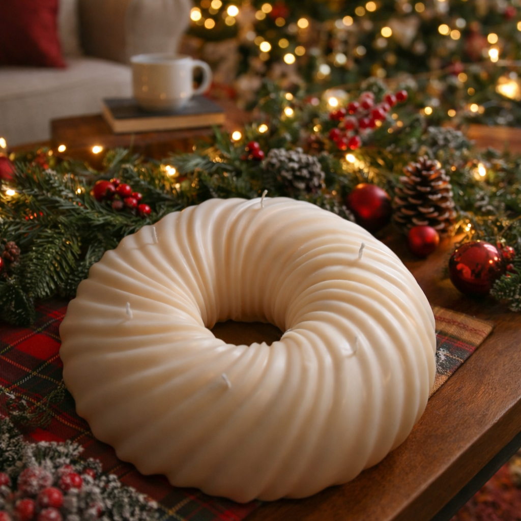 Hand poured bundt cake shaped soy candle styled as a holiday table centerpiece with evergreen garland and warm festive lights.

