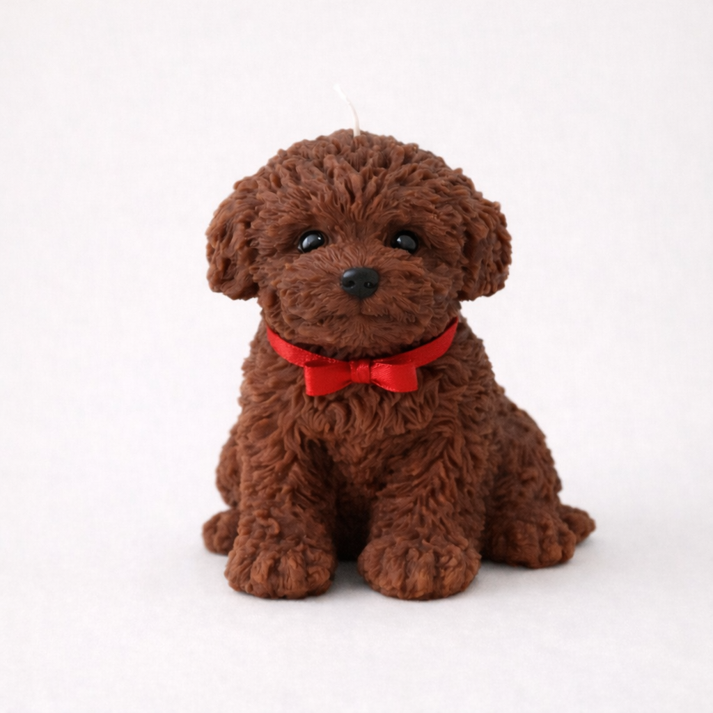 Chocolate brown puppy candle with red bow on light background, cute dog shaped decorative candle.