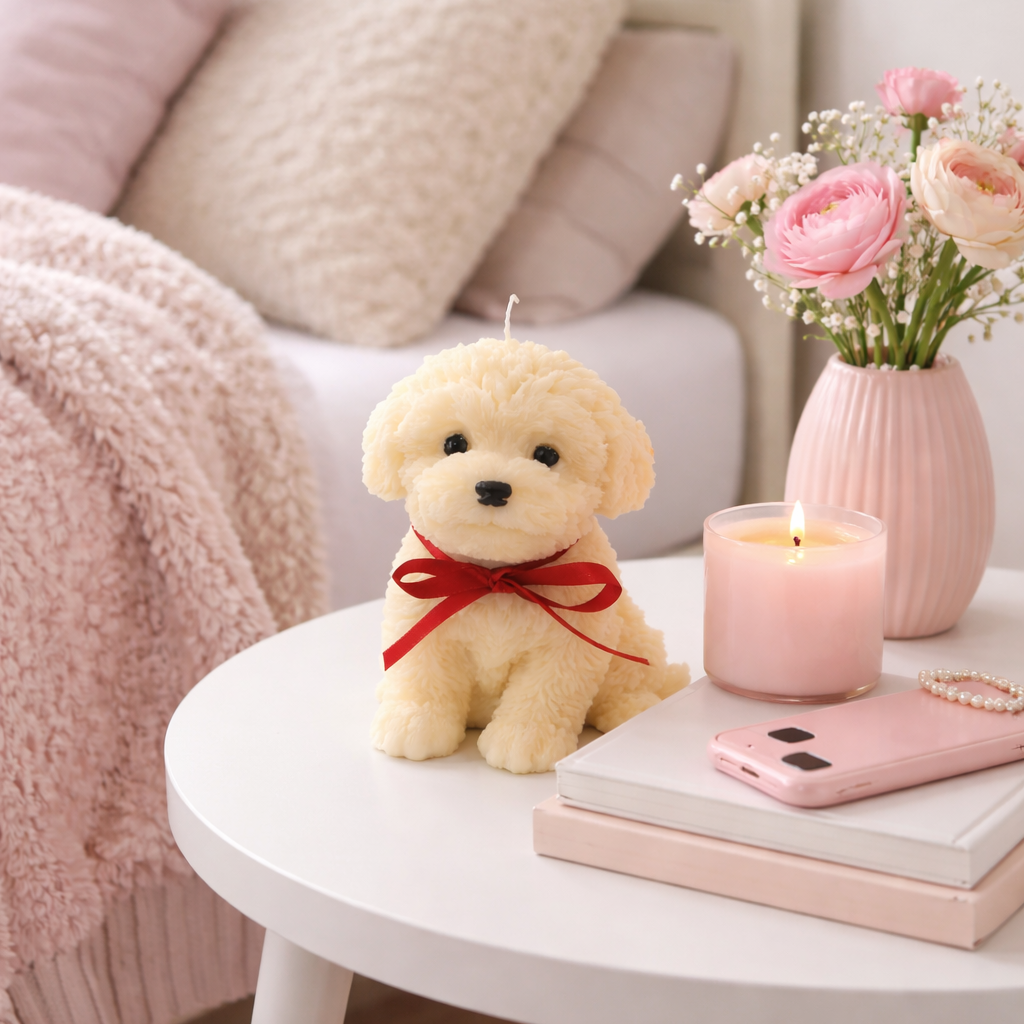 Cream colored puppy candle with red ribbon styled on round table with pink decor and flowers, cute dog gift candle.
