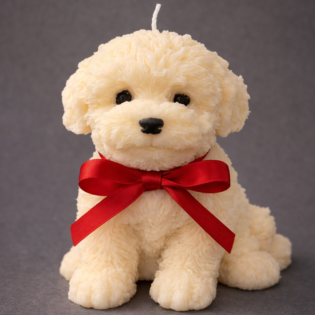 Cream puppy shaped candle with red satin bow on soft grey background, handmade sculpted dog candle.