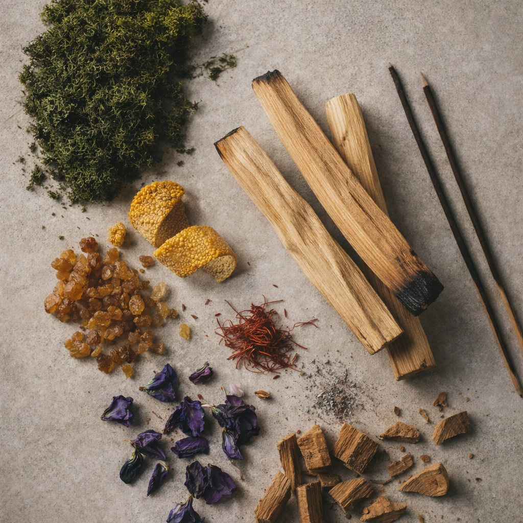 Fragrance ingredients for Energy Cleanse candle including palo santo wood, incense resin, saffron strands, moss and sandalwood.