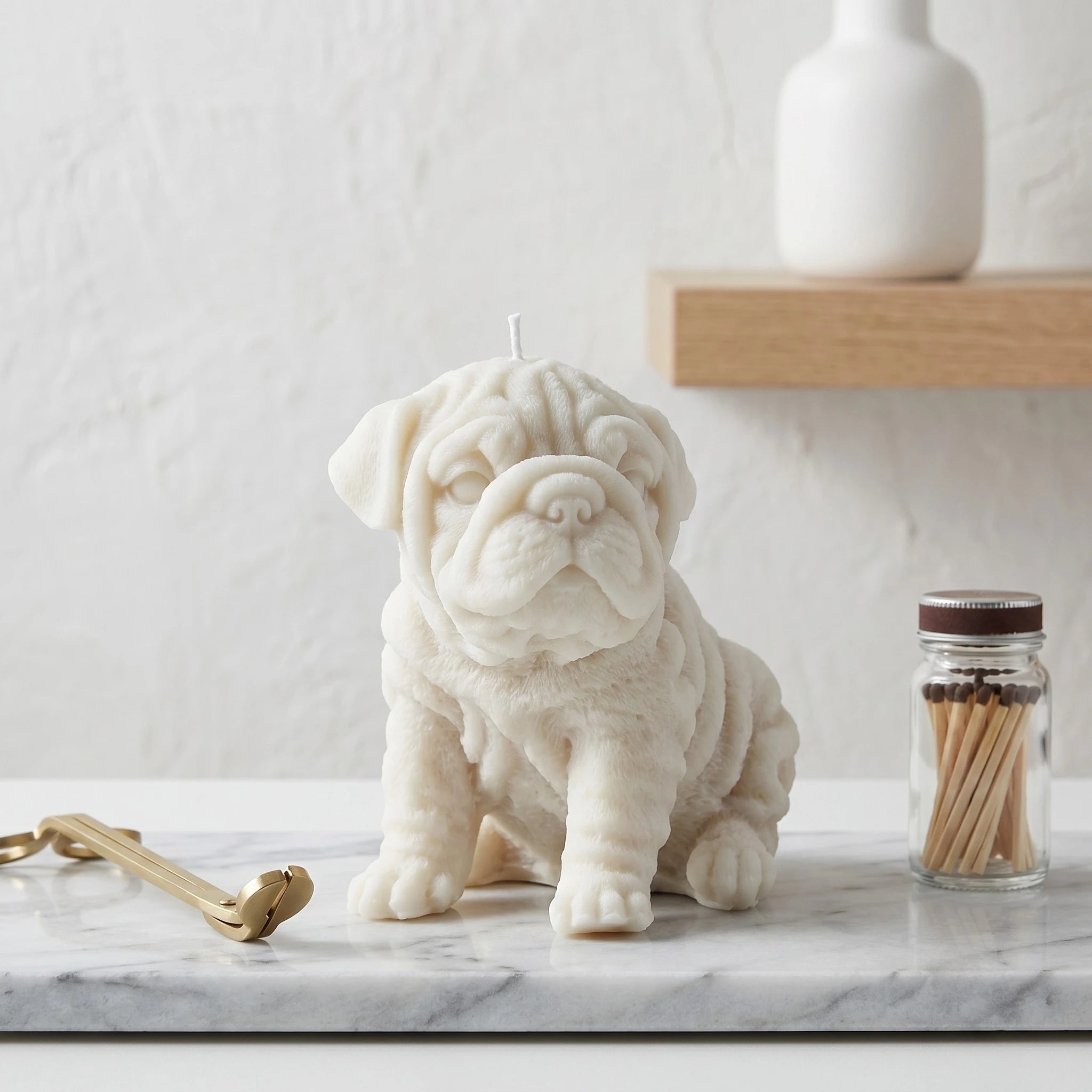 White English Bulldog puppy candle by House of Wick on a marble counter styled with matches.