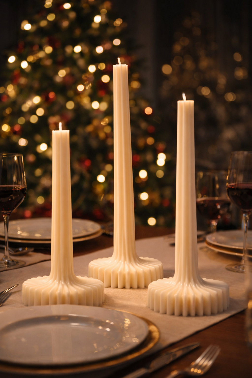 Hand poured fluted vase sculptural candles styled on an elegant Christmas dining table with warm festive lighting and modern holiday decor.
