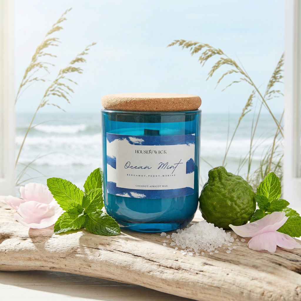 ouse of Wick Ocean Mint 12 oz candle with a cork lid resting on driftwood, surrounded by fresh bergamot, mint leaves, sea salt, and pink petals against a bright ocean background.