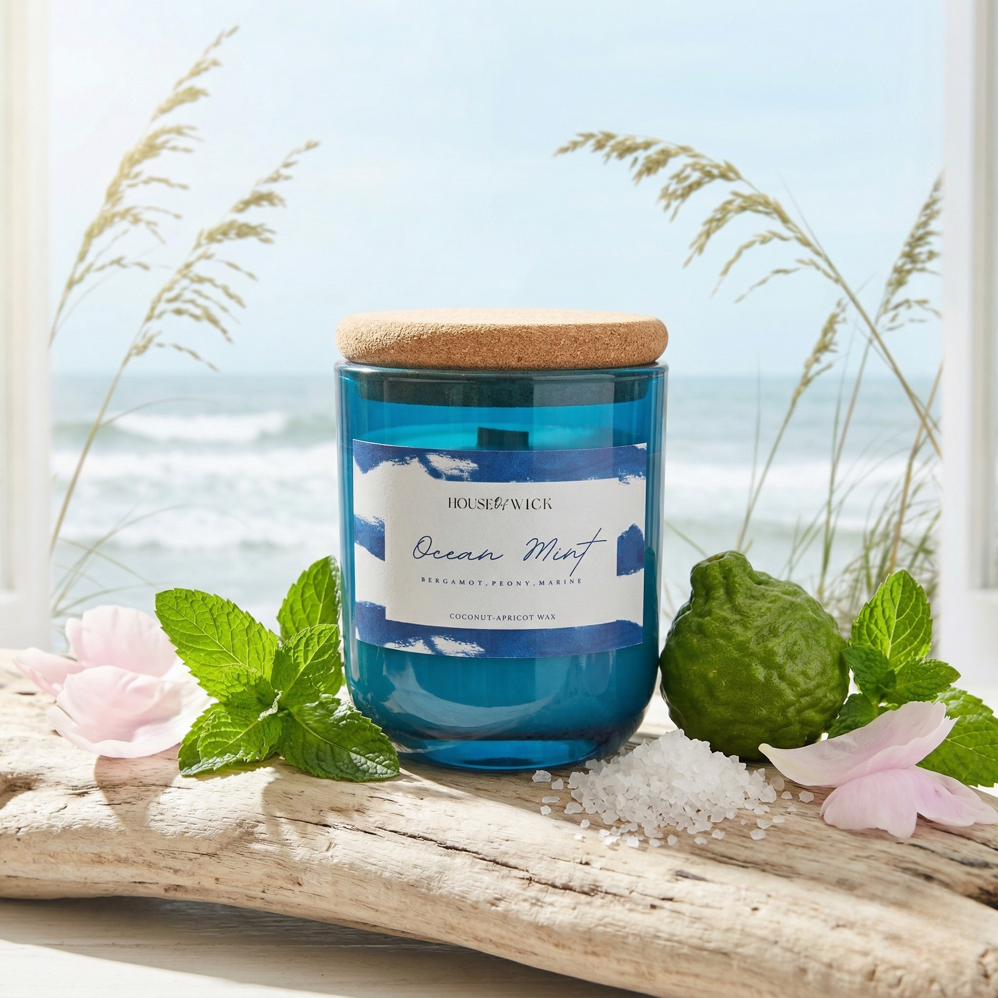 ouse of Wick Ocean Mint 12 oz candle with a cork lid resting on driftwood, surrounded by fresh bergamot, mint leaves, sea salt, and pink petals against a bright ocean background.