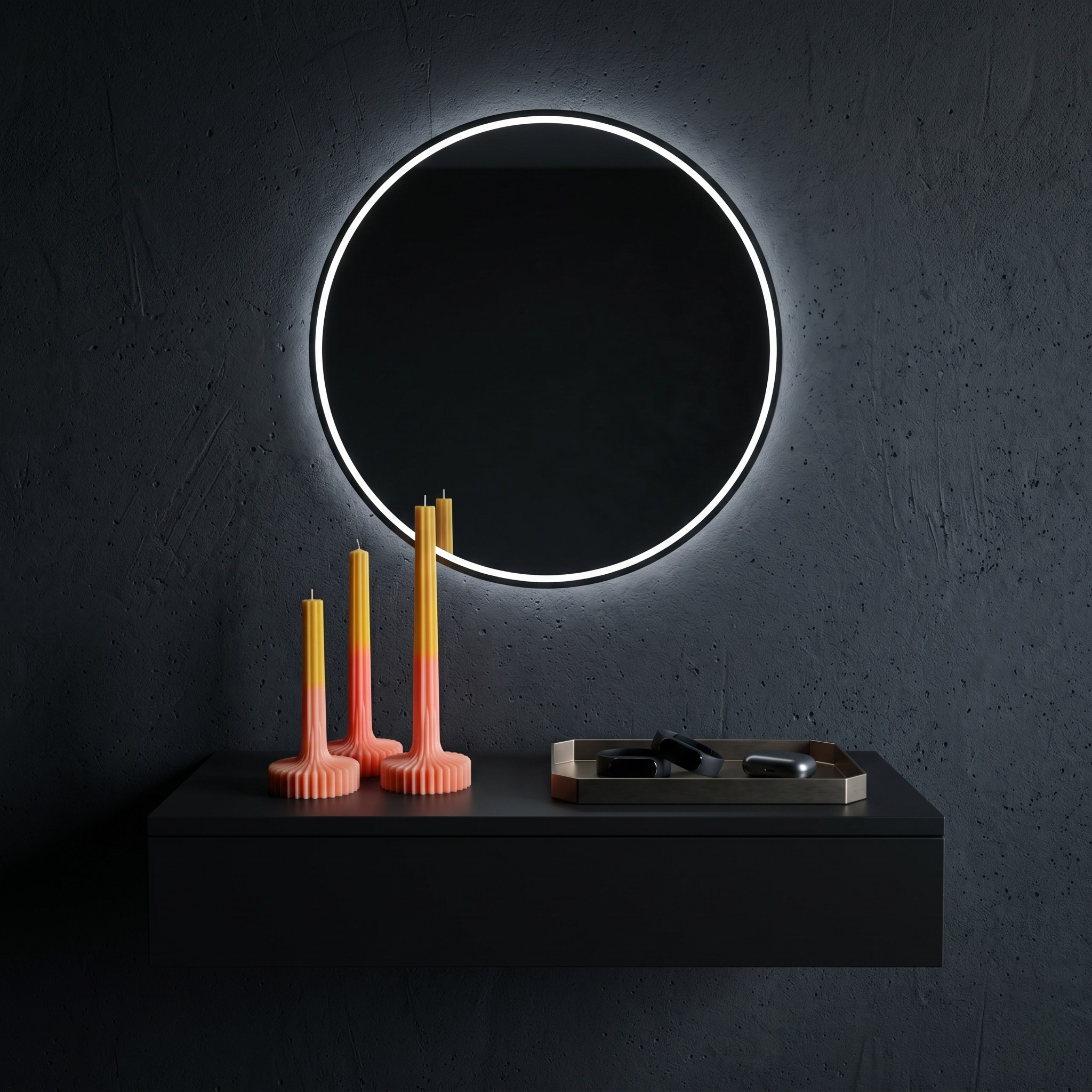 Architectural fluted candles styled at a black vanity with backlit mirror by House of Wick