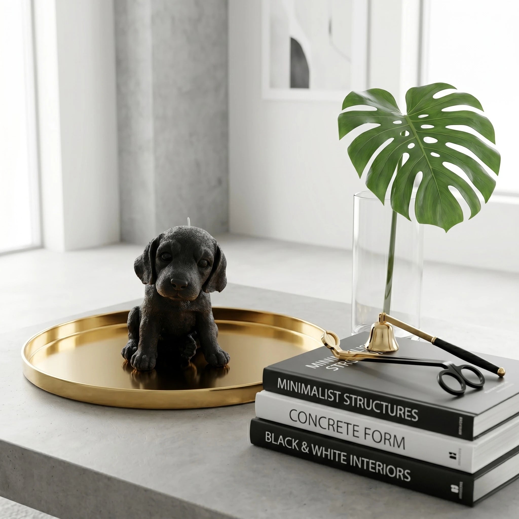 Black beagle puppy candle lifestyle on gold tray with books and monstera