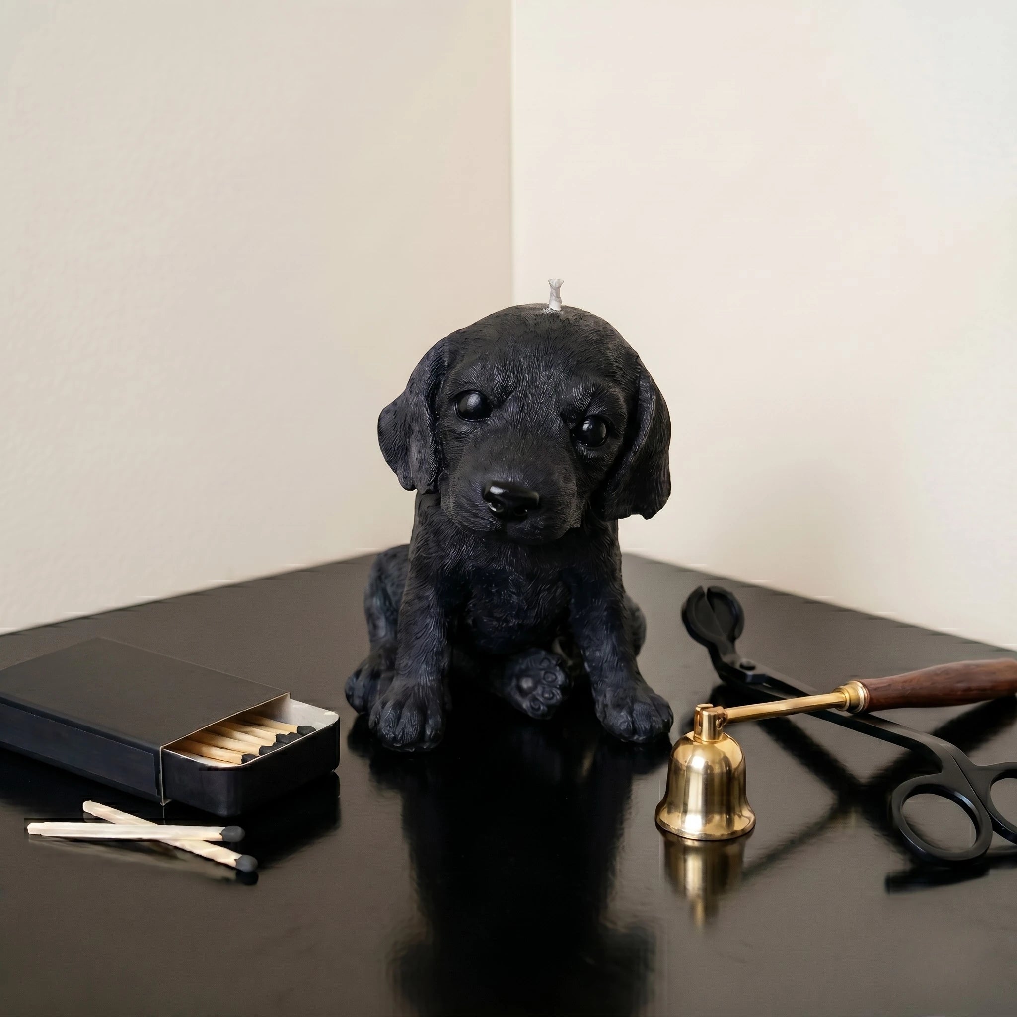 Black beagle puppy candle handmade beeswax sculptural product shot
