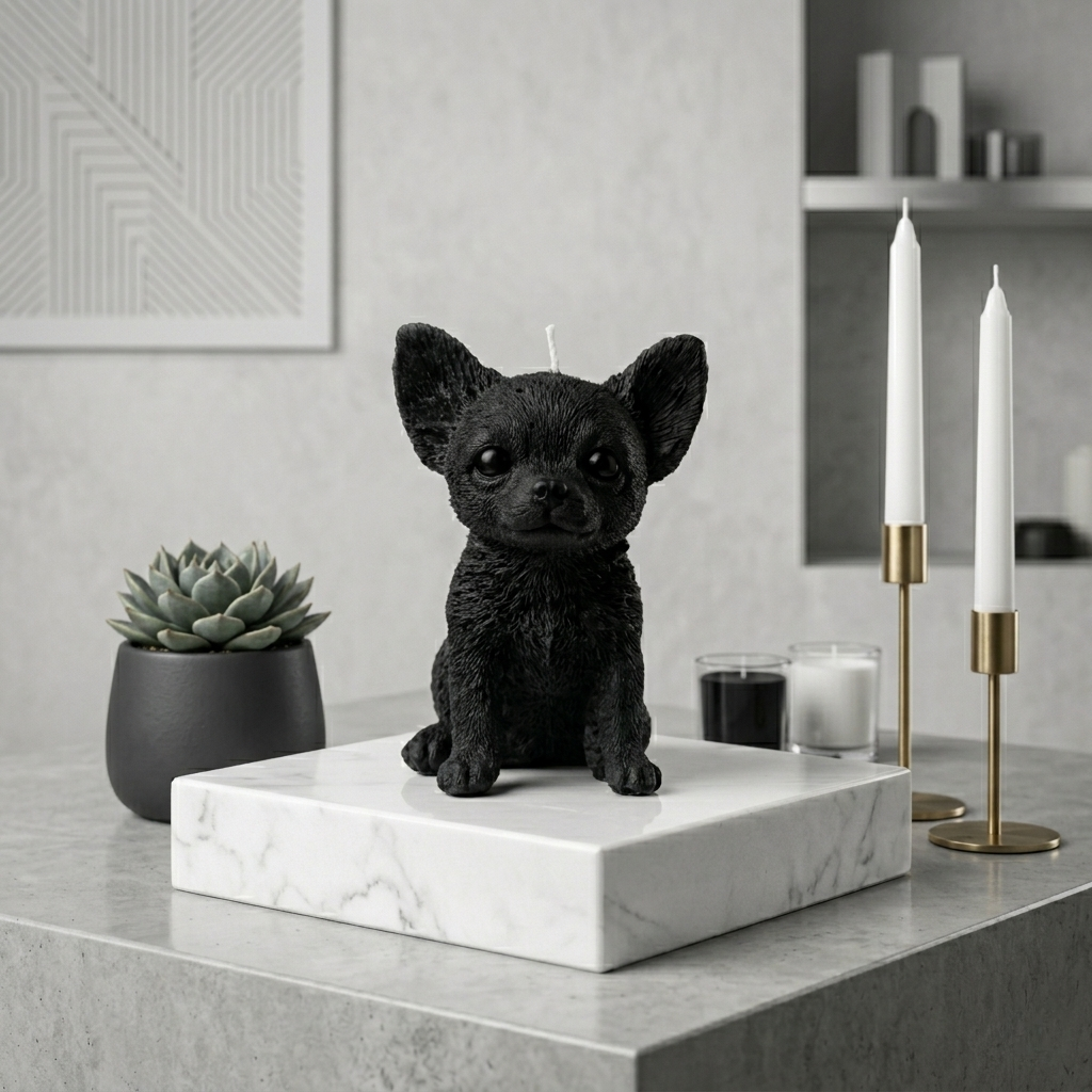 Detailed black Chihuahua shaped candle on a square marble block with elegant taper candles in the background.