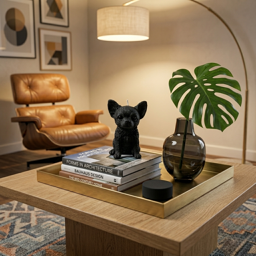 Matte black Chihuahua puppy candle displayed on a stack of design books in a mid-century modern living room.