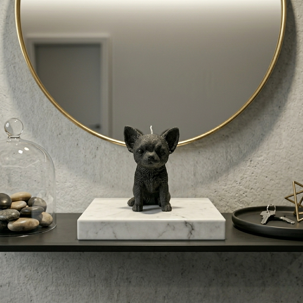 Small black Chihuahua puppy candle on a marble base in front of a round gold mirror on an entryway shelf.