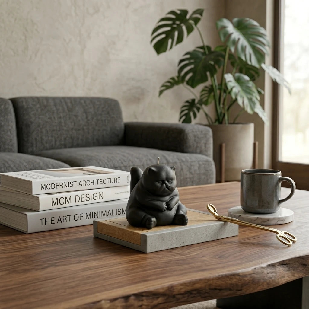 Black chubby cat candle styled on modern coffee table with design books and mug