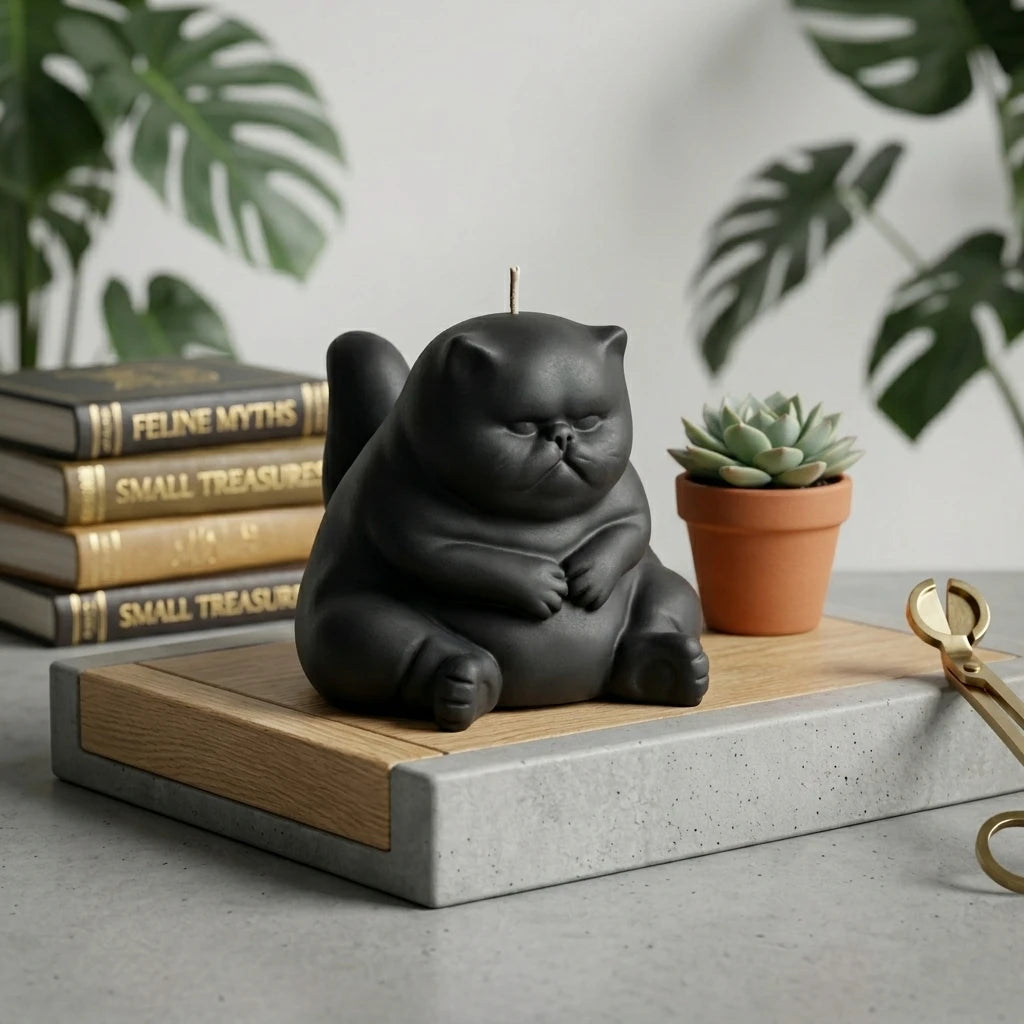 Black chubby cat candle on wooden tray with books succulent and gold scissors