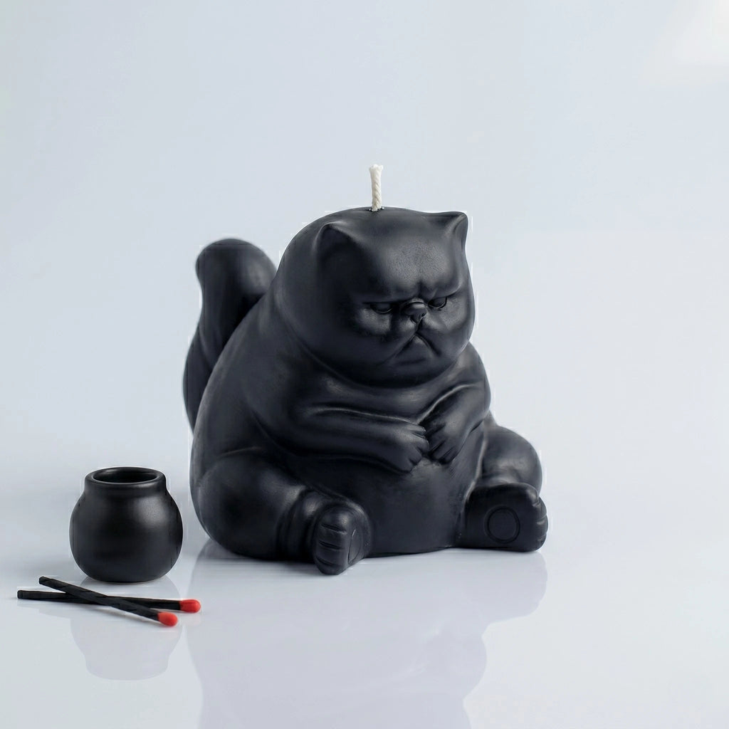 Black chubby cat candle with folded paws on clean background with match holder and wick trimmer