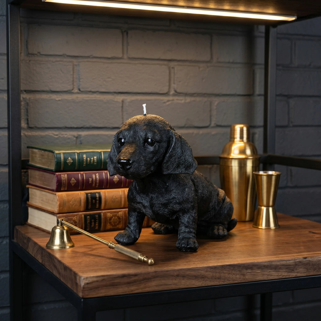Black dachshund puppy candle lifestyle on lit bookshelf with bar accessories