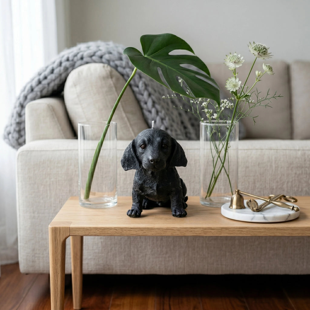 Black dachshund puppy candle lifestyle on coffee table with flowers