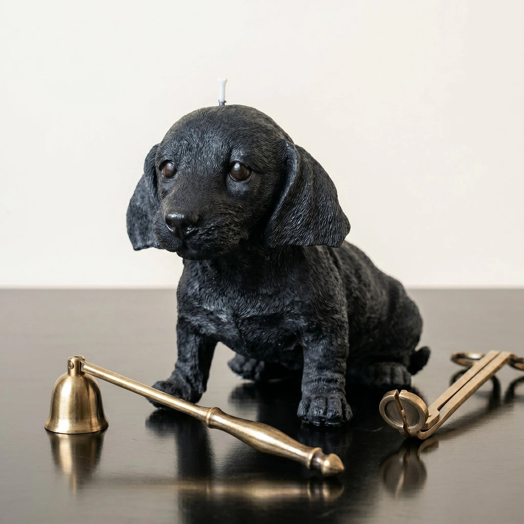 Black dachshund puppy candle with brass bell and tools product shot