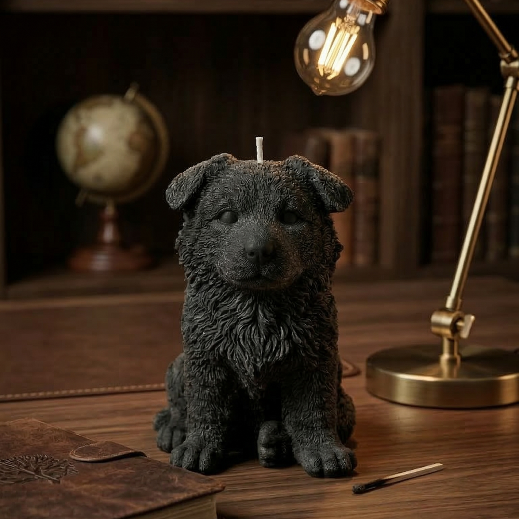Black German Shepherd puppy candle styled on modern desk as home decor accent