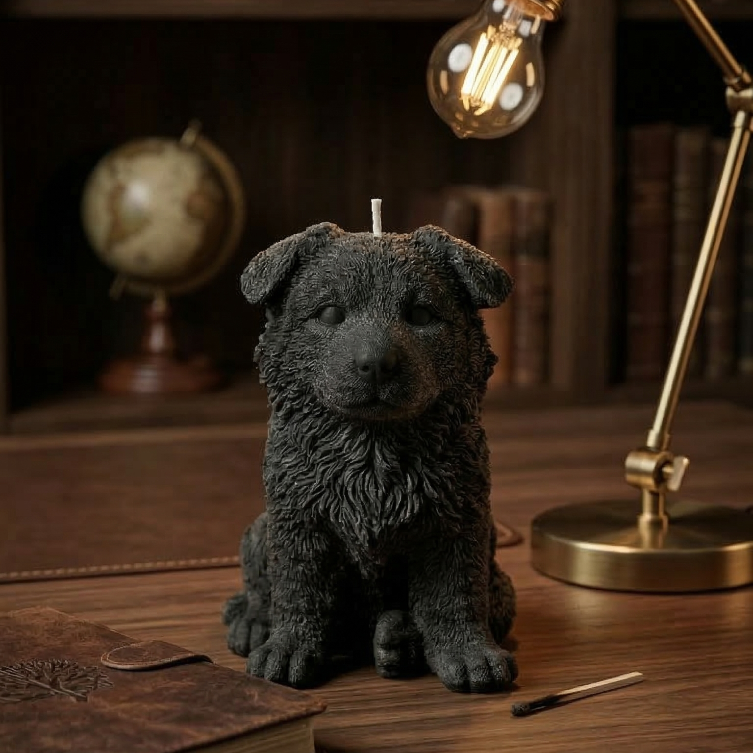 Black German Shepherd puppy candle styled on modern desk as home decor accent