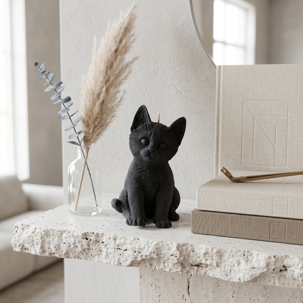 Black Chloe the Cat candle styled on a textured stone mantle with neutral books and dried pampas grass.