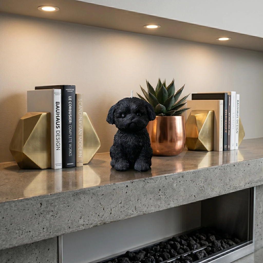 Black Shih Tzu puppy candle lifestyle on fireplace shelf with gold bookends