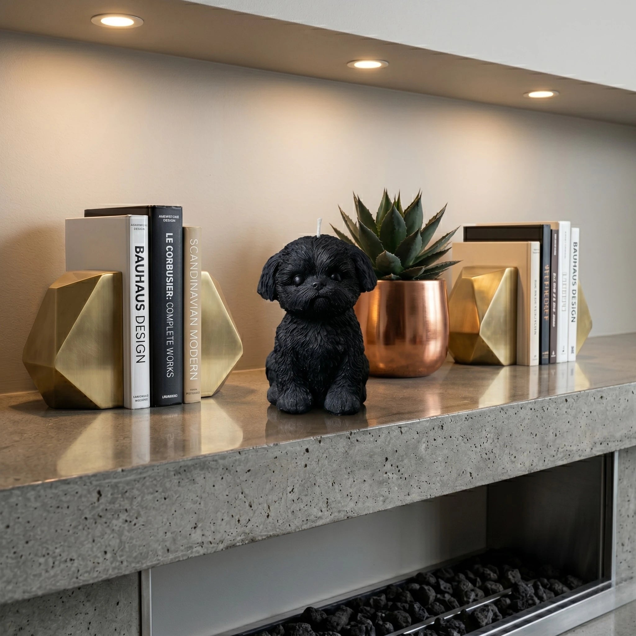 Black Shih Tzu puppy candle lifestyle on fireplace mantle with copper plant pot