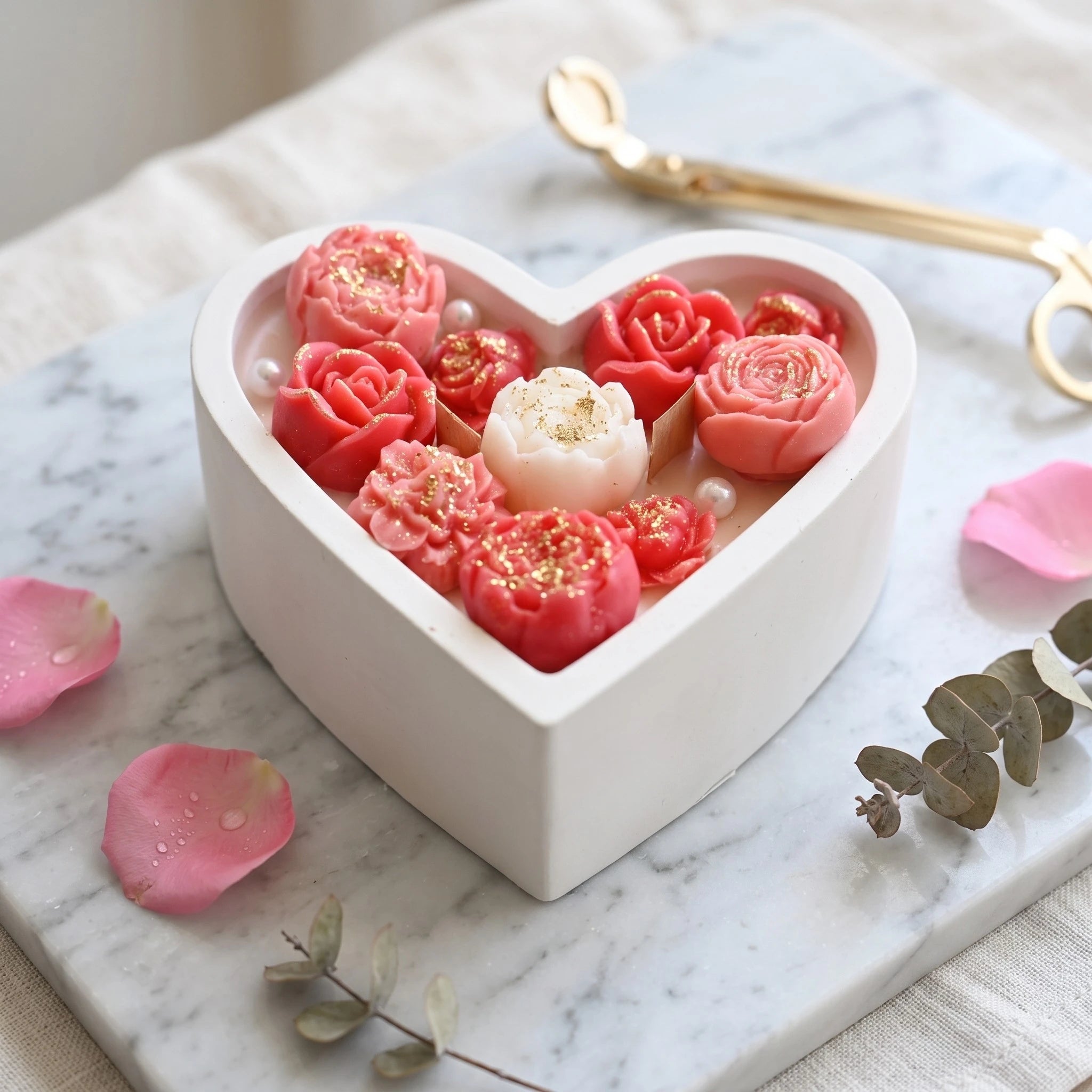 House of Wick Blooming Heart candle with coral and pink wax roses in a heart-shaped eco resin bowl on marble