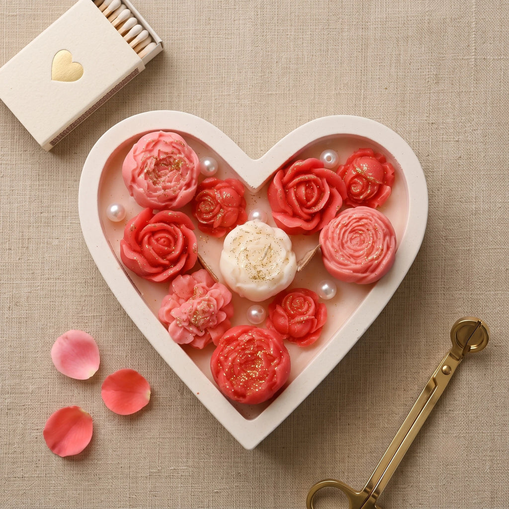Overhead flat lay of the House of Wick Blooming Heart candle with coral and white wax roses in a heart-shaped bowl