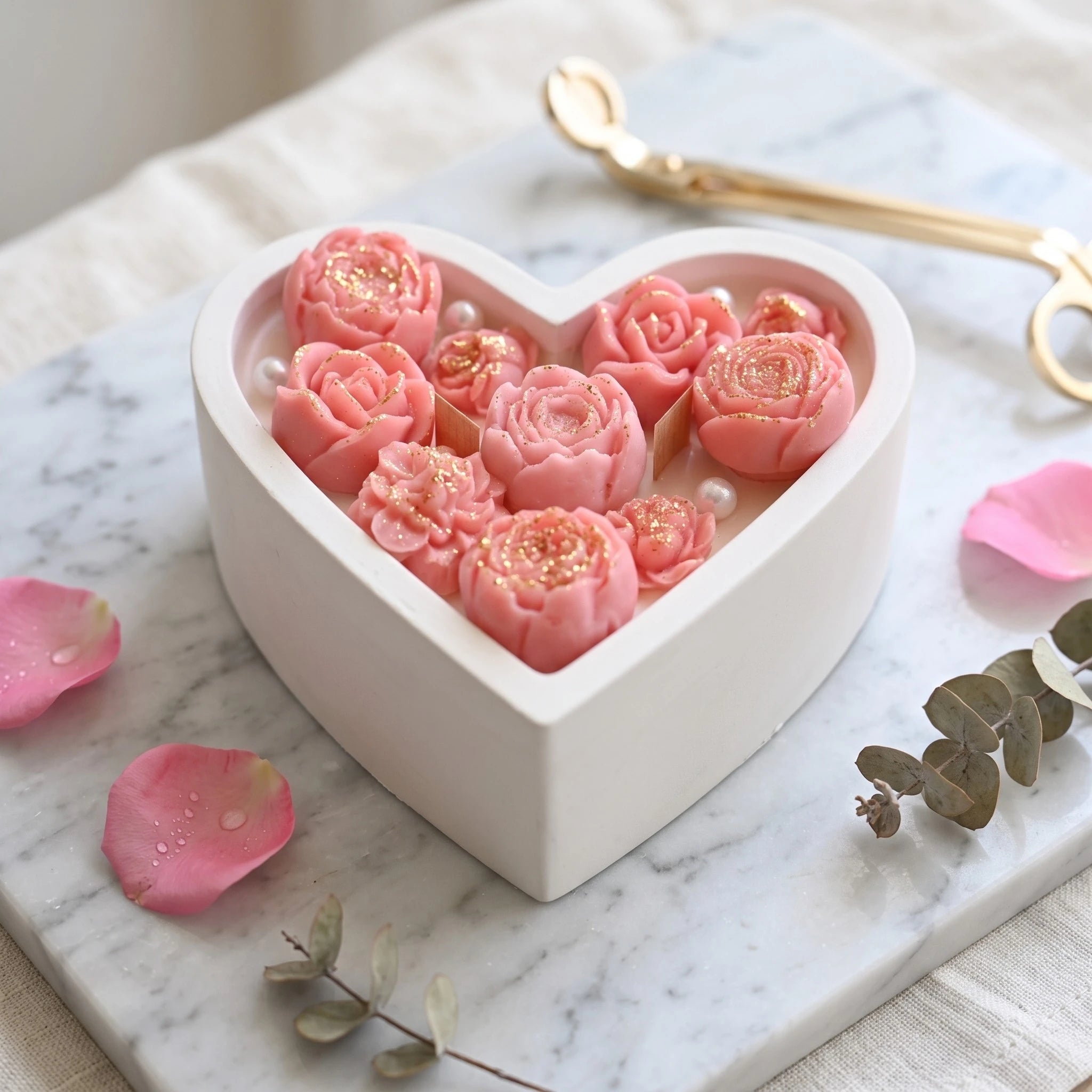House of Wick Blooming Heart candle with pink wax roses and pearl accents in a heart-shaped bowl on marble