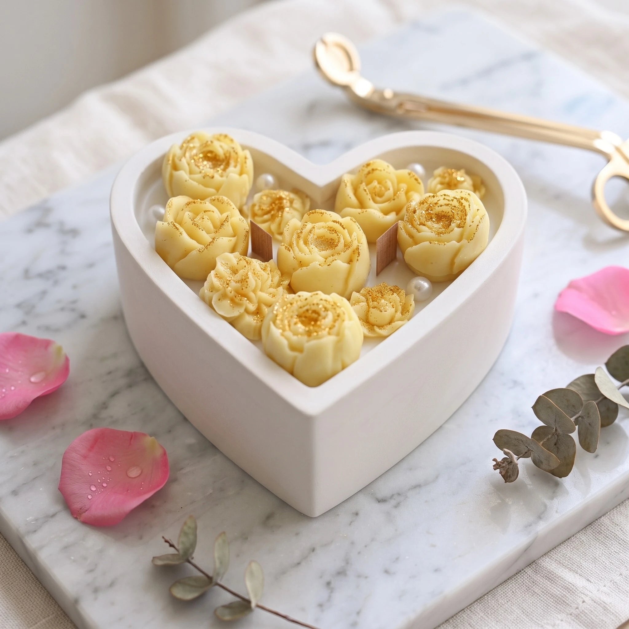 House of Wick Blooming Heart candle with yellow wax roses and gold glitter in a heart-shaped bowl