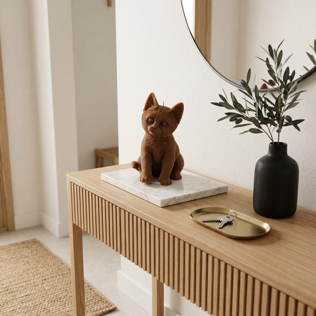 Brown Chloe the Cat sculptural candle styled on a modern fluted wooden console table next to an olive branch vase.