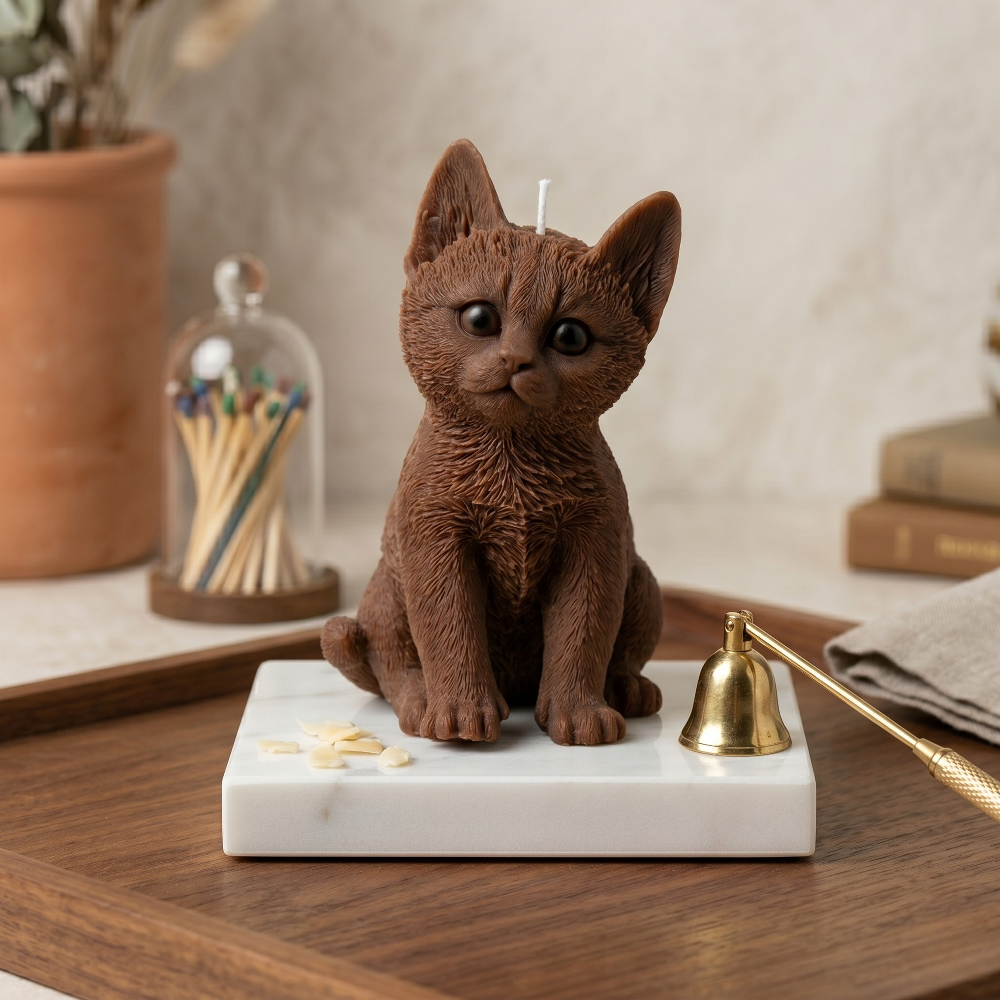 Brown sculptural cat candle set on a wooden tray with a marble base, gold bell snuffer, and a cloche of matches.