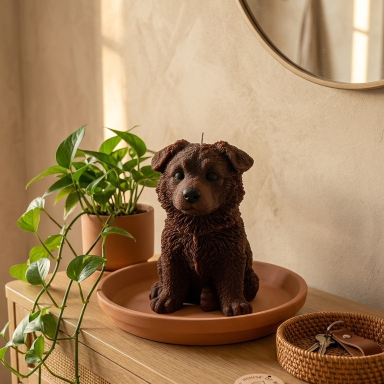 Brown German Shepherd puppy candle in boho entryway decor setting by House of Wick