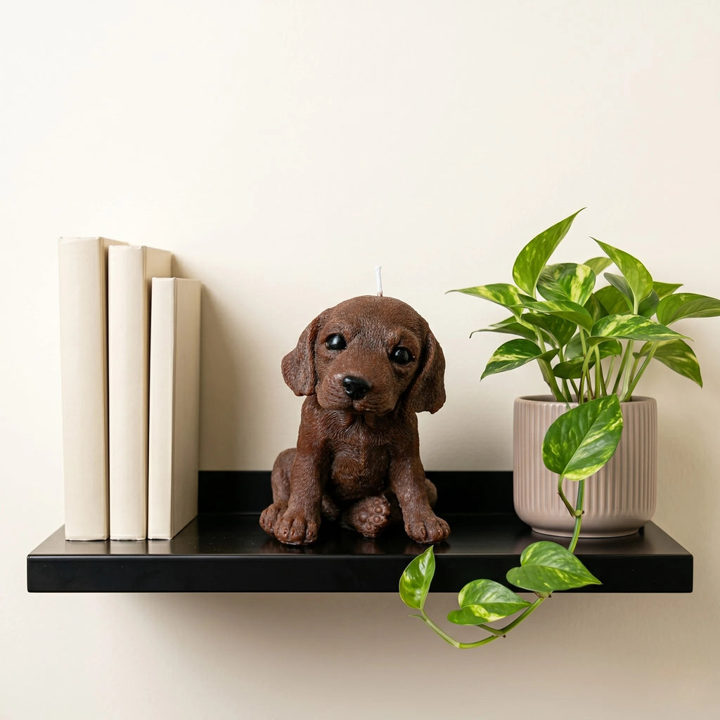 Chocolate beagle puppy candle lifestyle on shelf with books and succulent