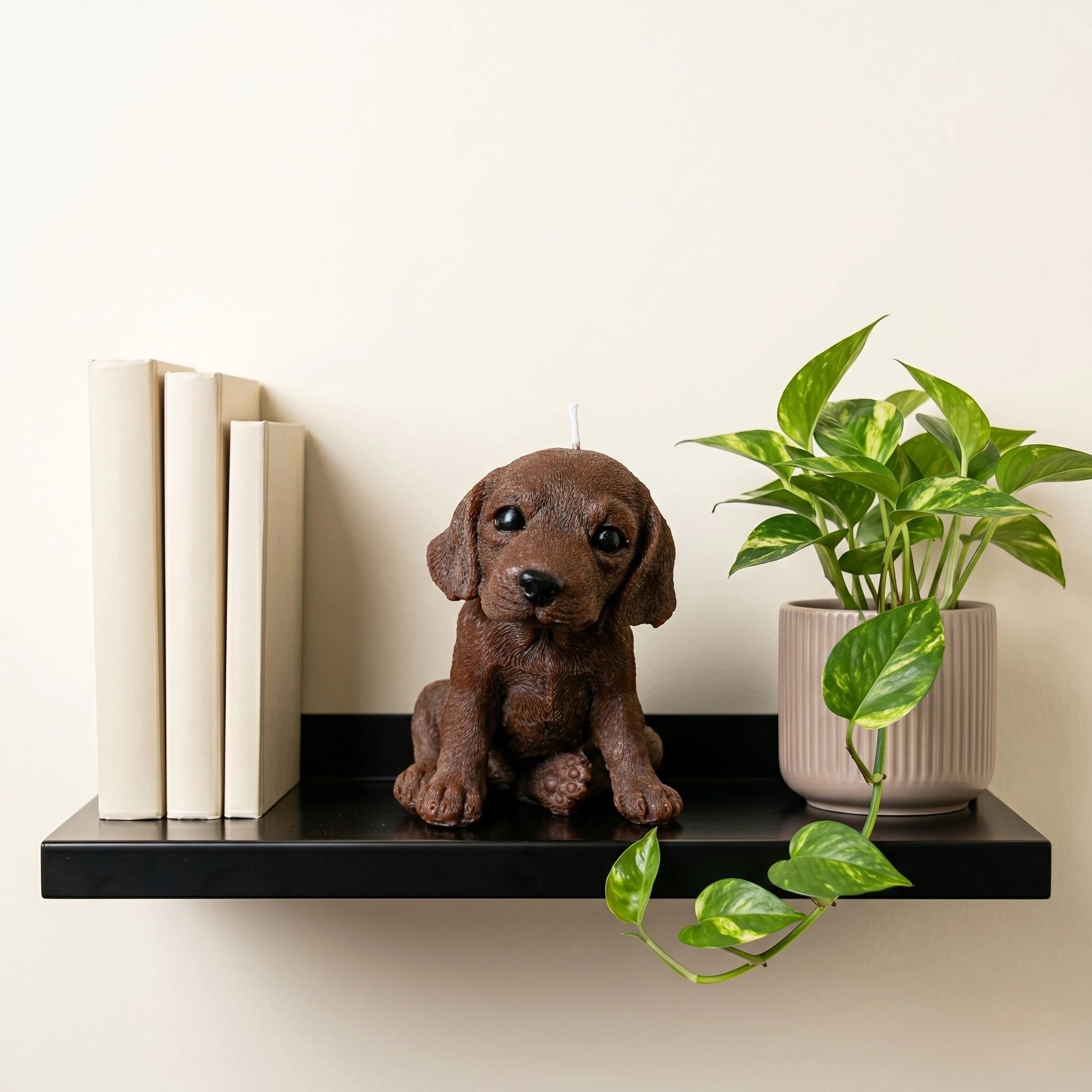 Chocolate beagle puppy candle lifestyle on shelf with books and succulent