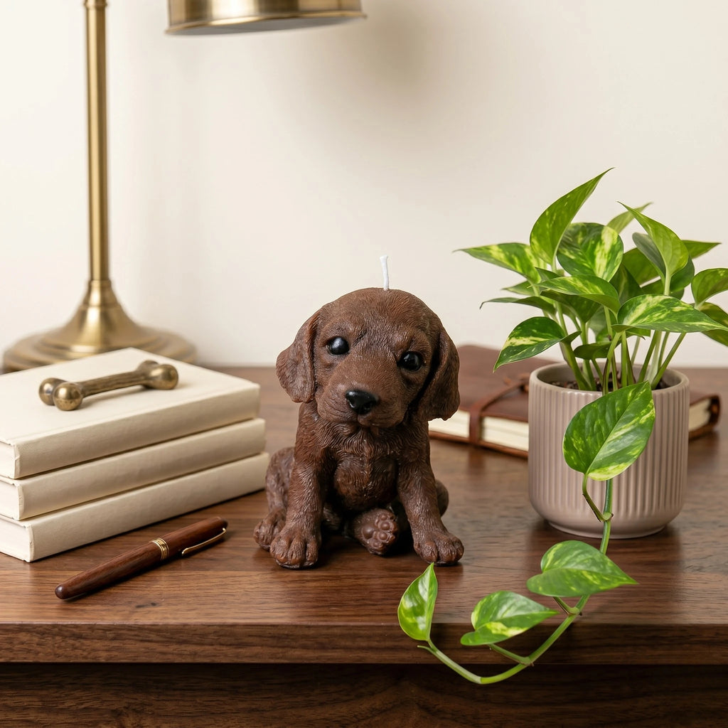 Chocolate beagle puppy candle lifestyle on desk with lamp and plant