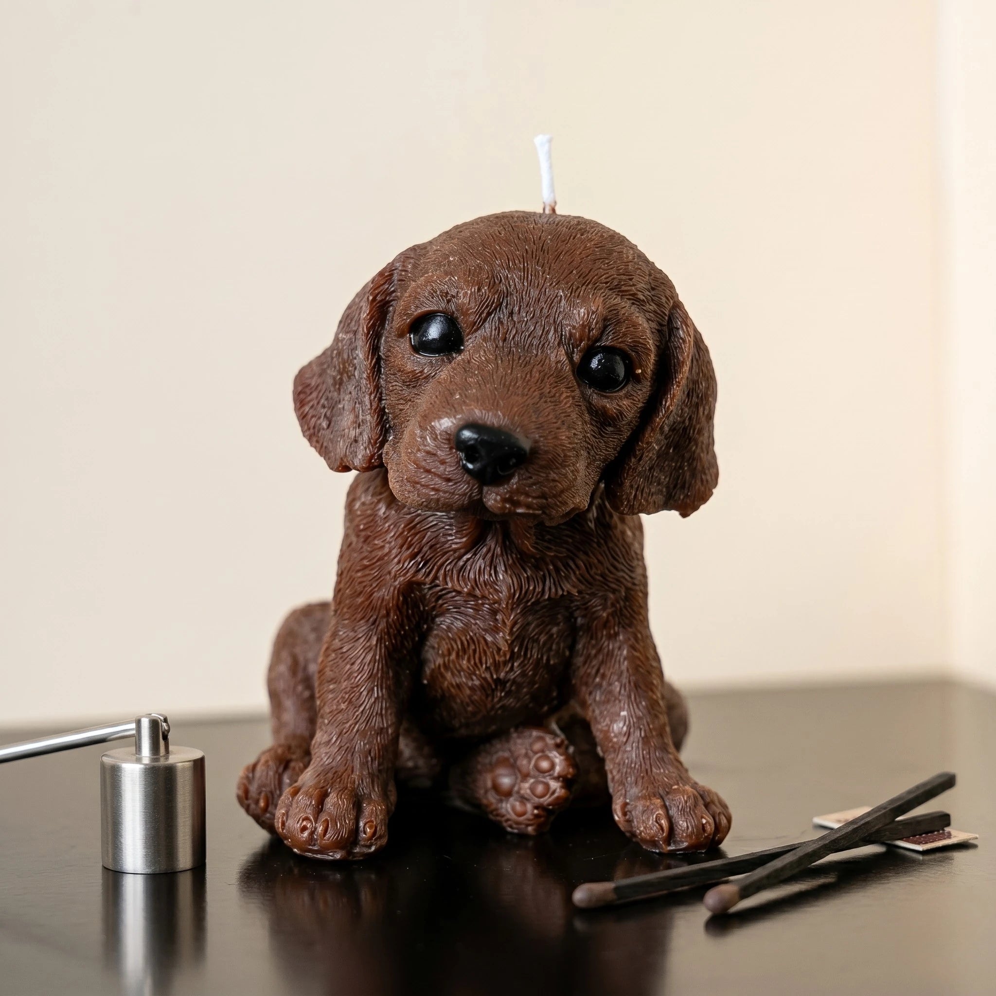 Chocolate beagle puppy candle close-up sculptural detail on dark surface