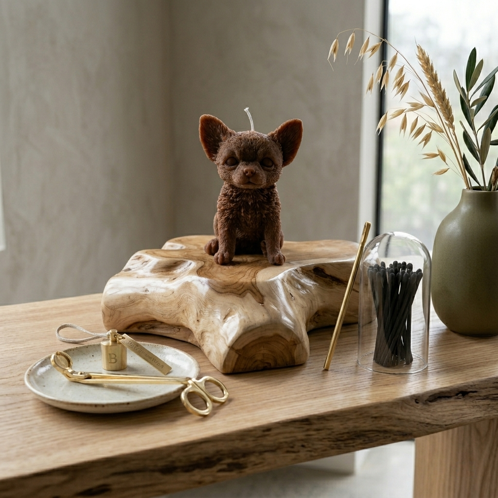 Dark brown Chihuahua puppy candle placed on a natural live-edge wood stand with gold candle accessories.