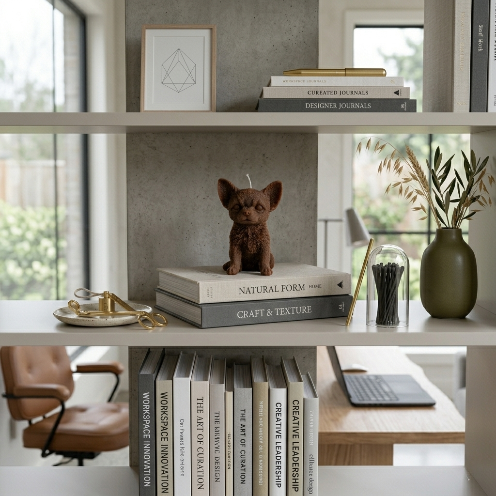 Dark brown chocolate Chihuahua candle displayed on a designer bookshelf featuring books on "Craft & Texture" and "Natural Form."