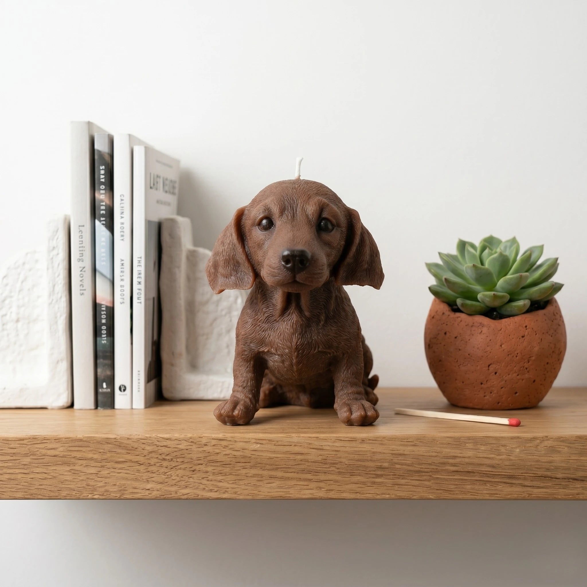 Chocolate dachshund puppy candle lifestyle on shelf with books and succulent