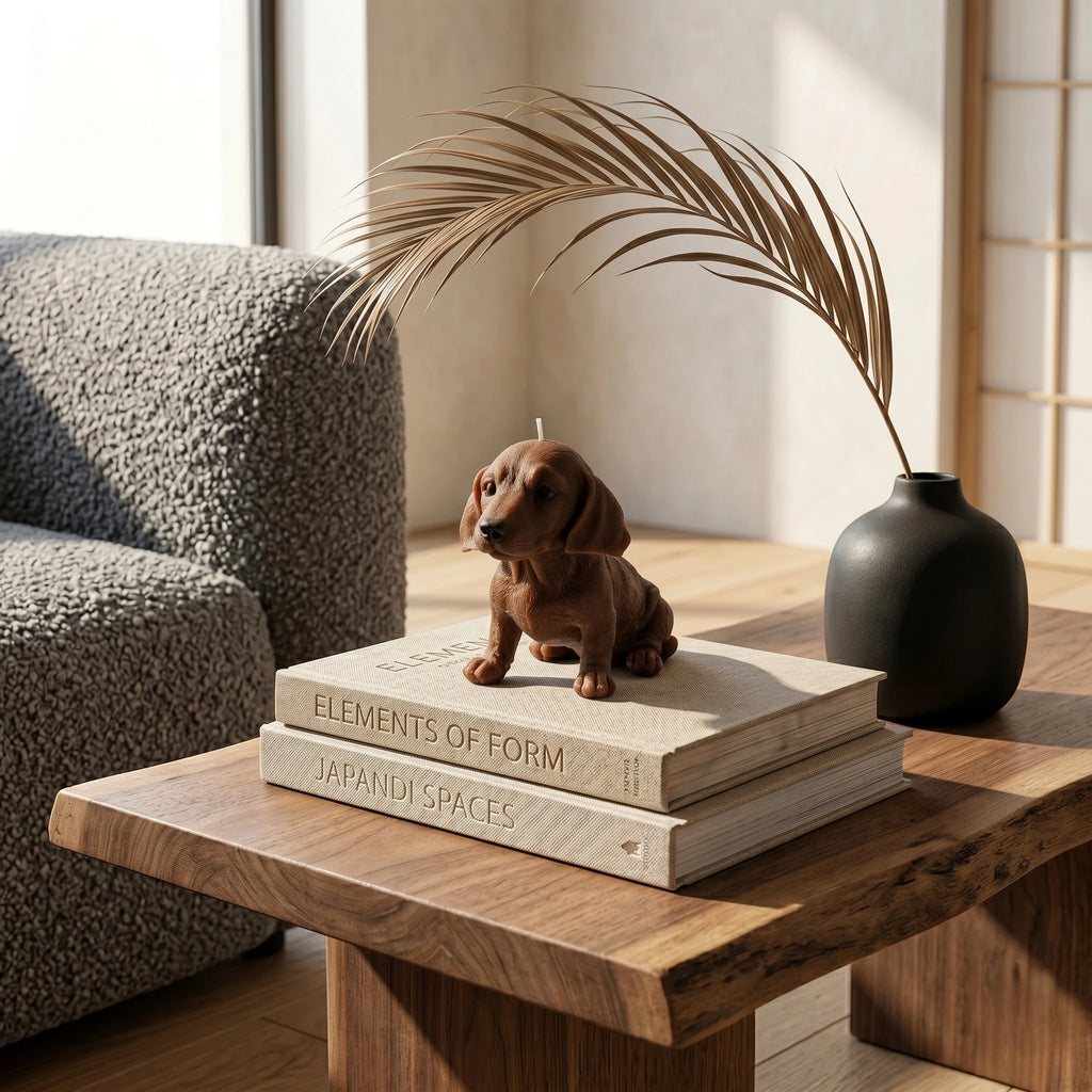 Chocolate dachshund puppy candle lifestyle on japandi coffee table with books