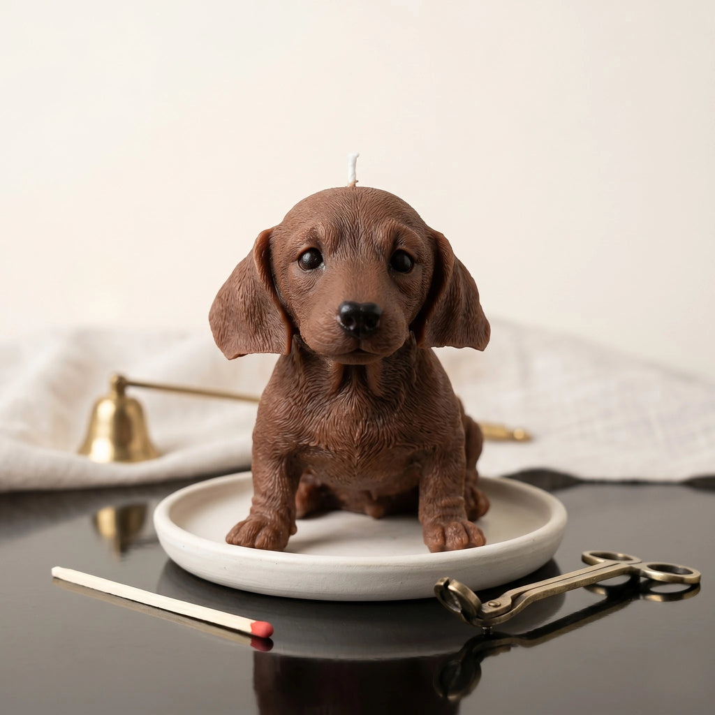 Chocolate dachshund puppy candle on plate with bell and scissors