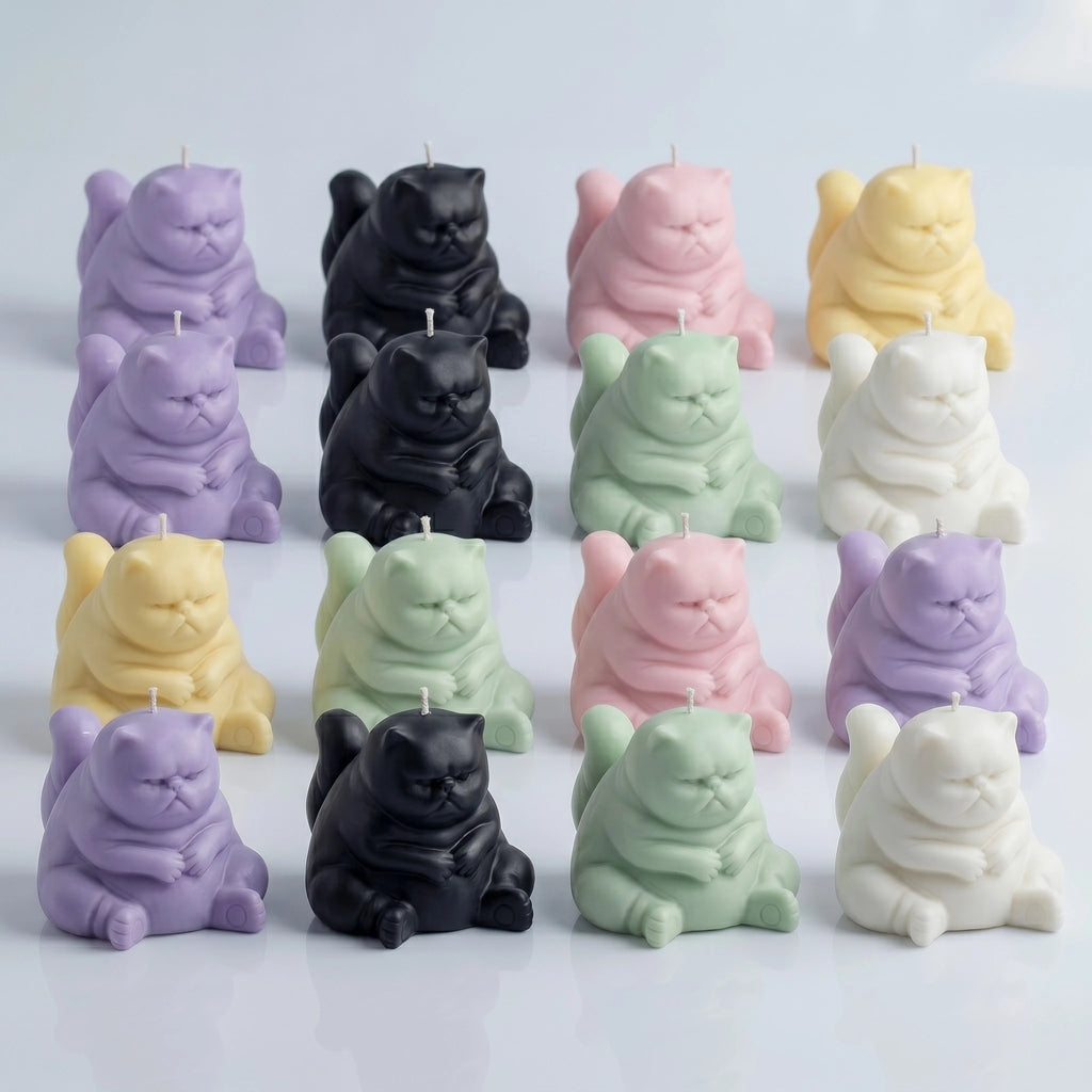 Chubby cat candle collection in all six colors arranged in grid on clean background