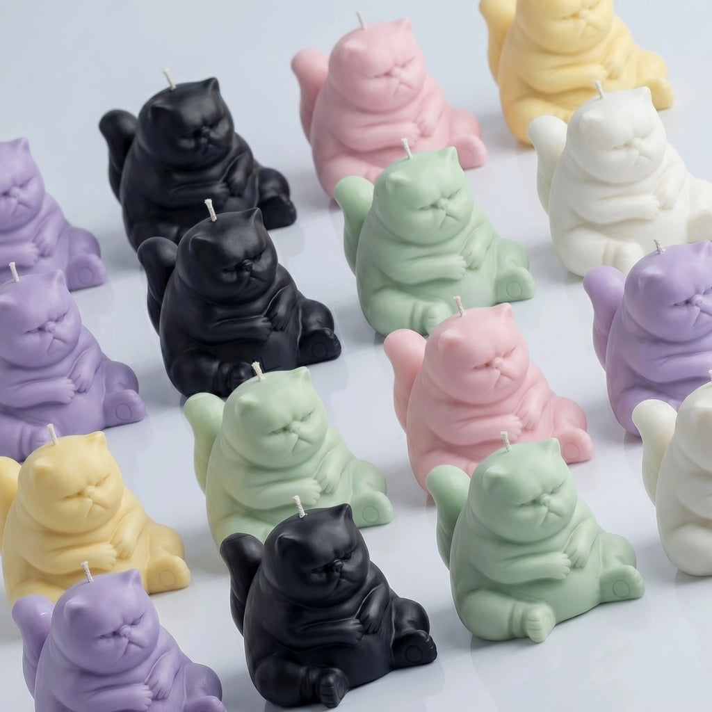 Chubby cat candle collection in all six colors arranged at angle on clean background