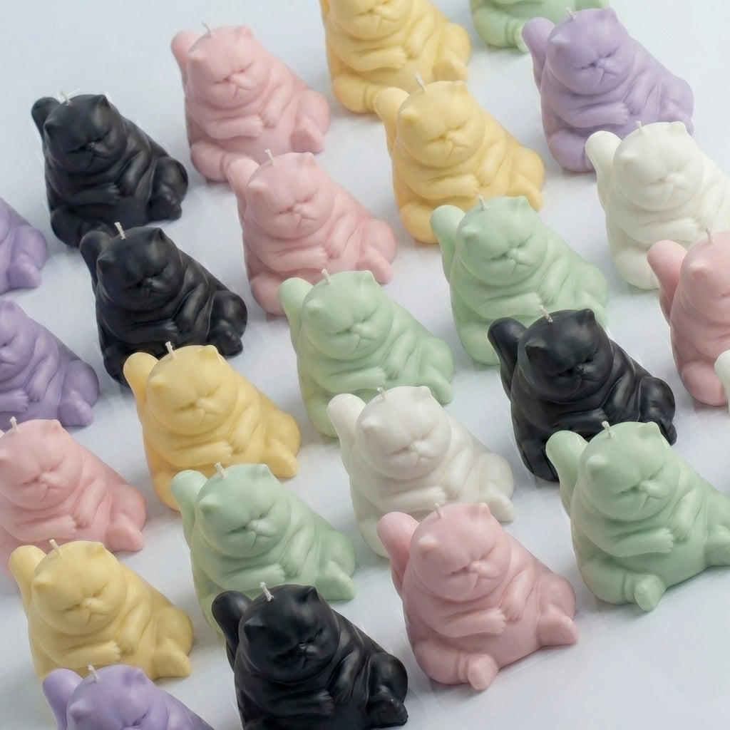 Chubby cat candle collection in all six colors arranged in diagonal rows
