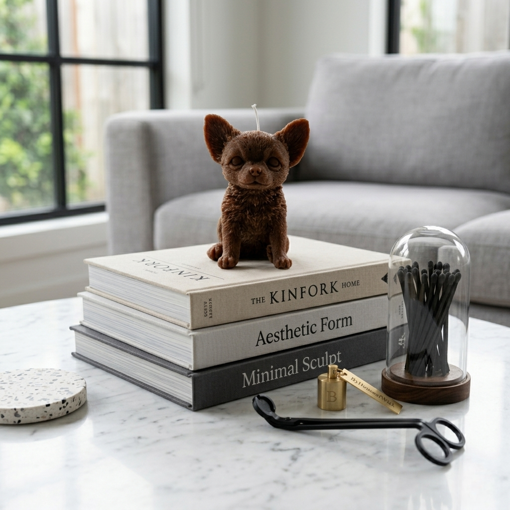 Chocolate-colored Chihuahua puppy candle styled on a stack of "Kinfolk" and "Aesthetic Form" books on a marble table.