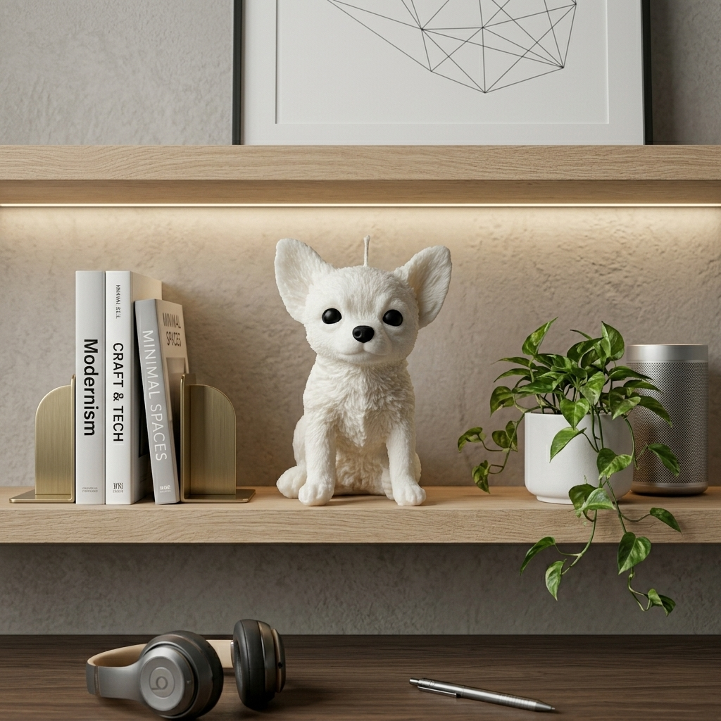 Cream-colored Chihuahua puppy candle styled on an oak floating shelf with books and a trailing ivy plant.