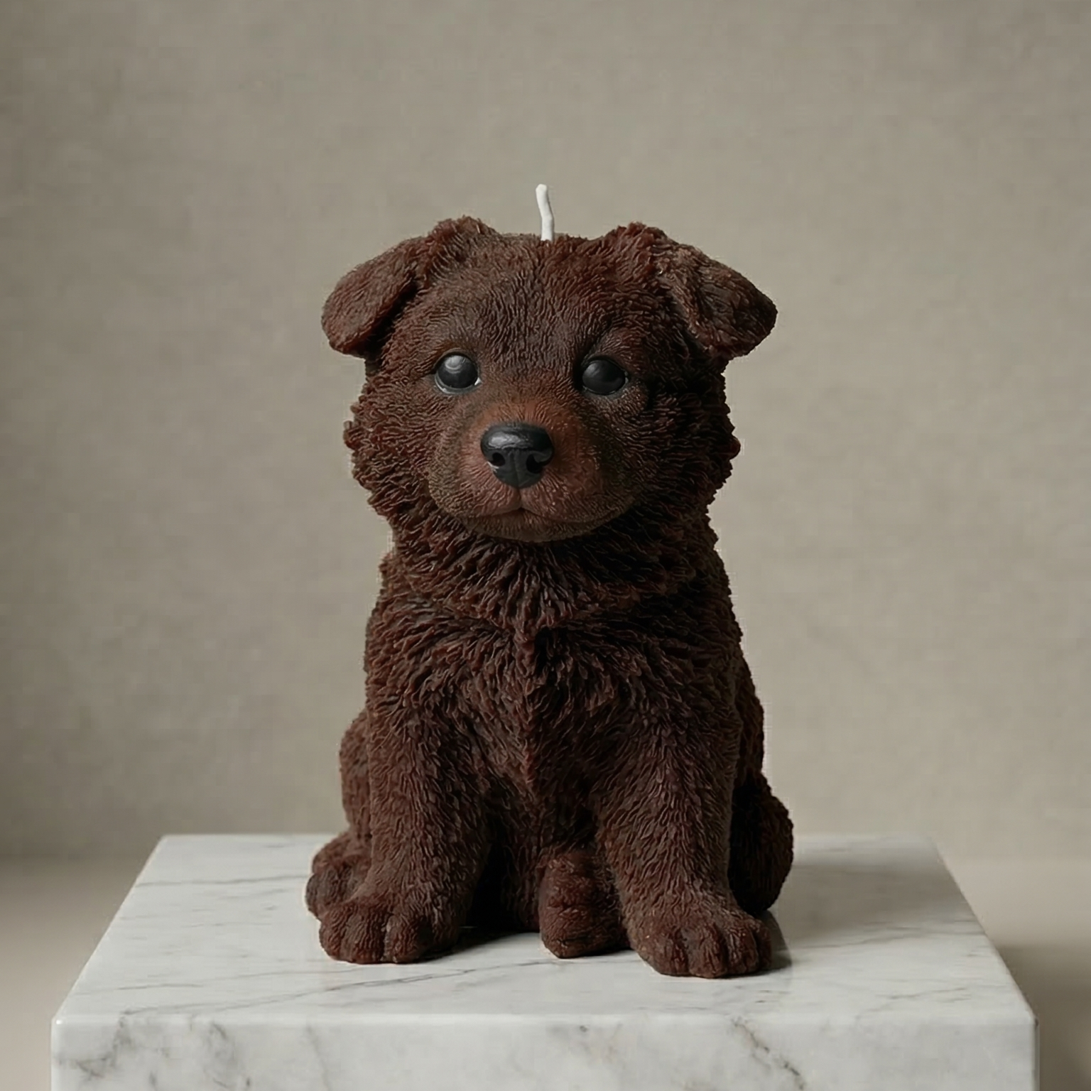 Dark brown German Shepherd puppy candle by House of Wick — handmade beeswax dog sculpture